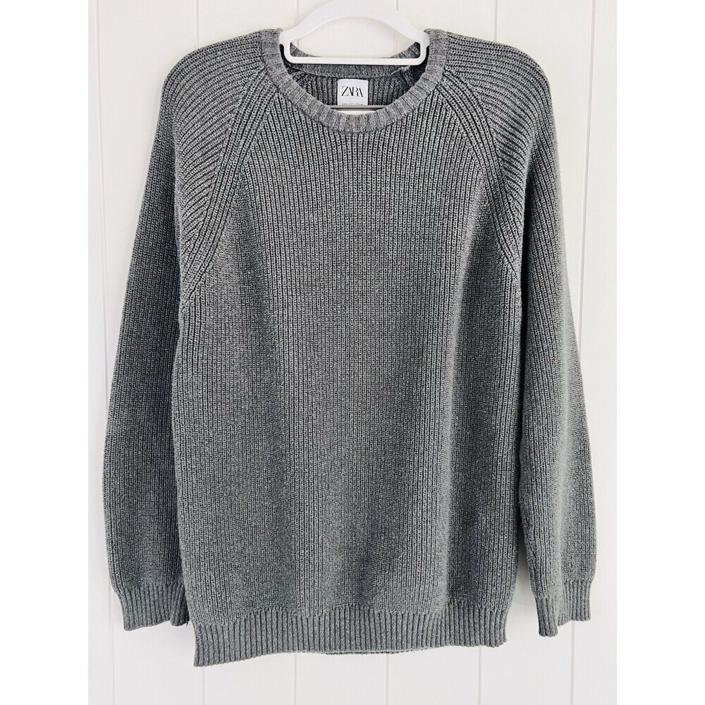 Zara Gray Tight Knit 100% Fine Cotton Mens Sweater Made in Turkey Preppy Large